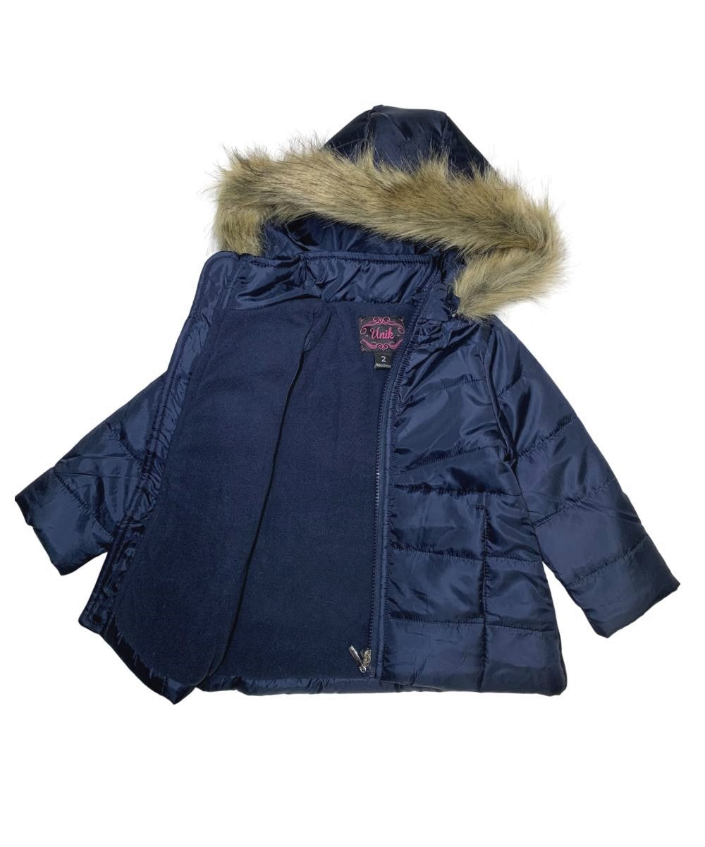 Girl's Zipper Hooded Puffer Jacket With Fur Grey GJ2088