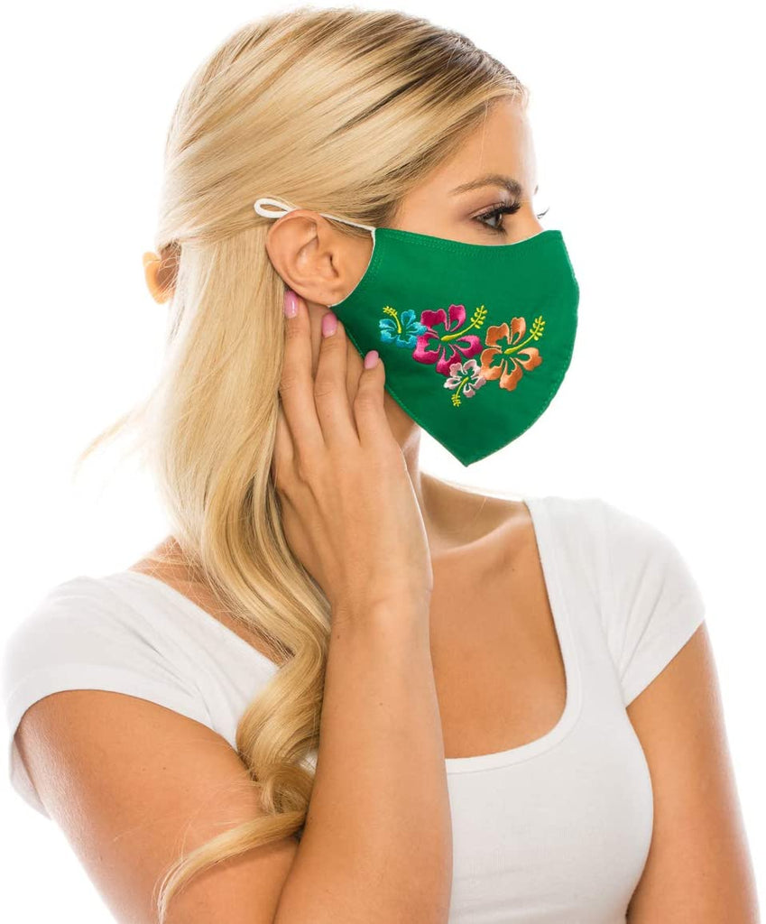 Embroidered Face Mask, GREEN  Cotton Blend, 2 layers W/Pocket for a filter, Washable, Reusable Mask, LARGER SIZING