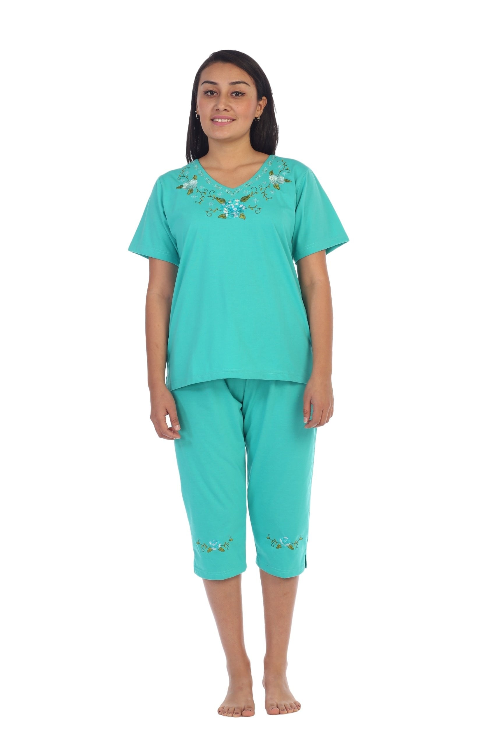 unikinc - Women's Short Sleeve Embroidered Blouse and Matching Capri Set-08 - Unikinc