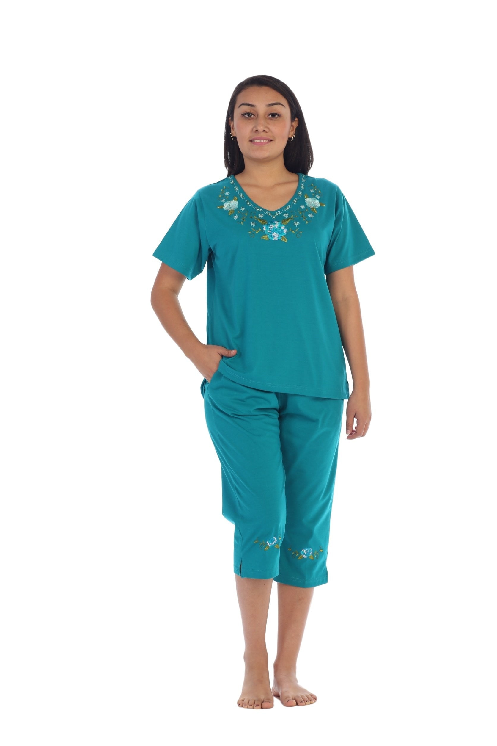 unikinc - Women's Short Sleeve Embroidered Blouse and Matching Capri Set-08 - Unikinc