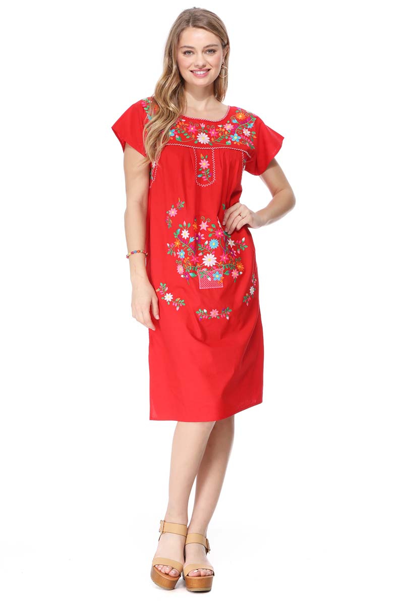 unik Embroidered Traditional Adult Puebla Mexican Dress Coral WD2058