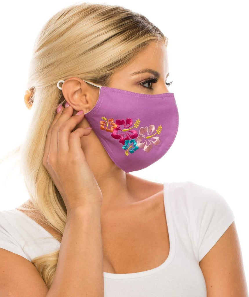 Embroidered Face Mask, LILAC  Cotton Blend, 2 layers W/Pocket for a filter, Washable, Reusable Mask, LARGER SIZING