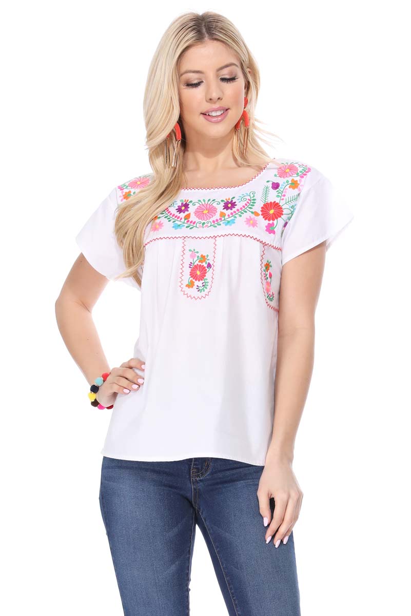 Women Traditional Puebla Mexican Embroidered Blouse Turquoise MT801
