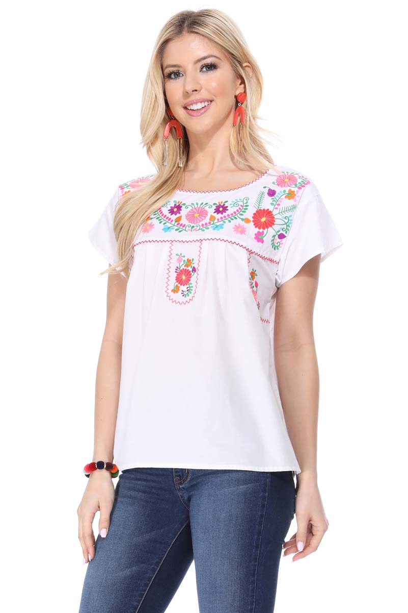 Women Traditional Puebla Mexican Embroidered Blouse Turquoise MT801
