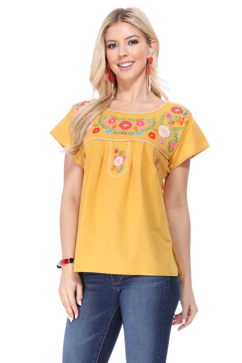 Women Traditional Puebla Mexican Embroidered Blouse Turquoise MT801