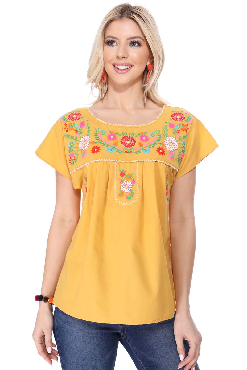 Women Traditional Puebla Mexican Embroidered Blouse White MT801