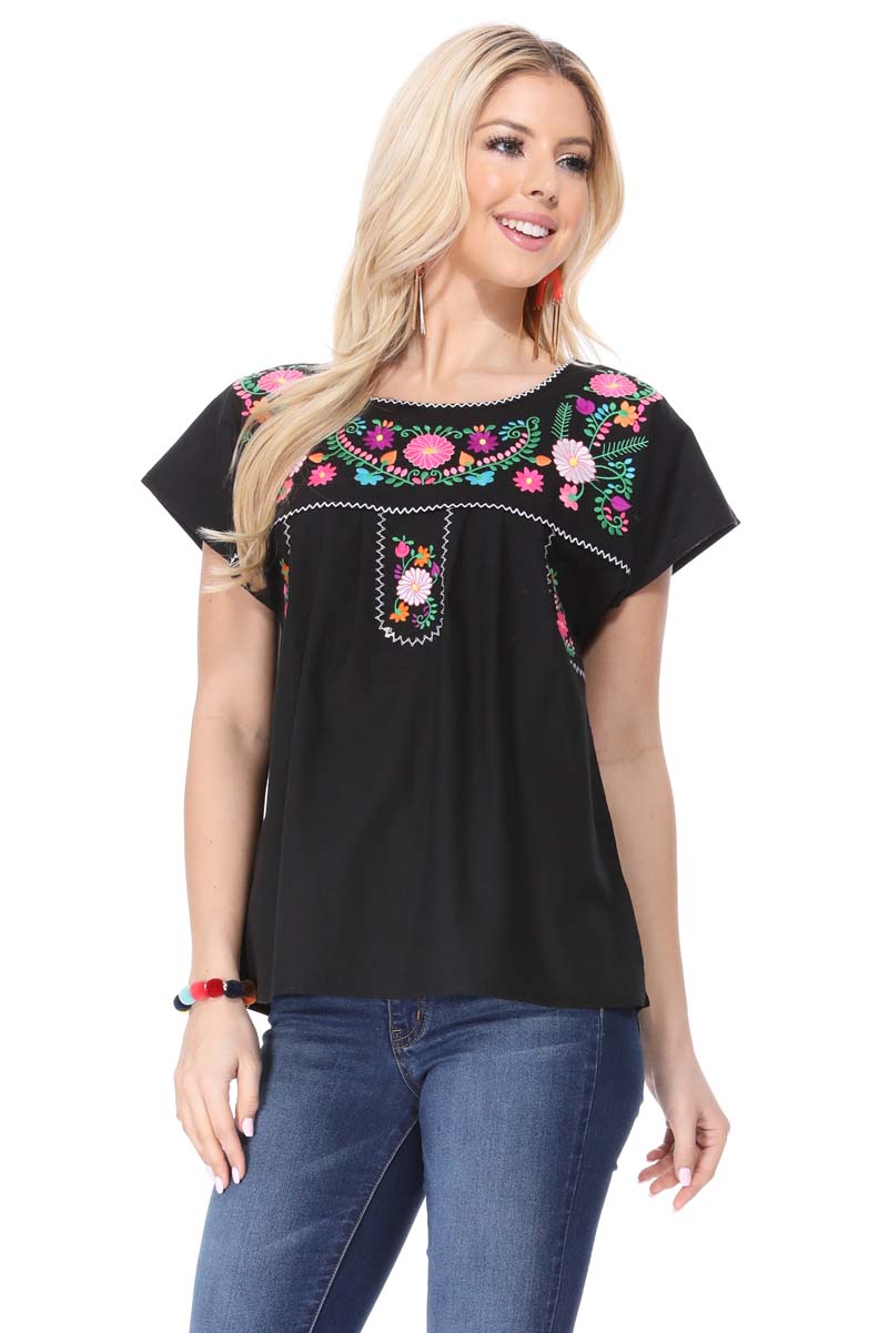 Women Traditional Puebla Mexican Embroidered Blouse Turquoise MT801