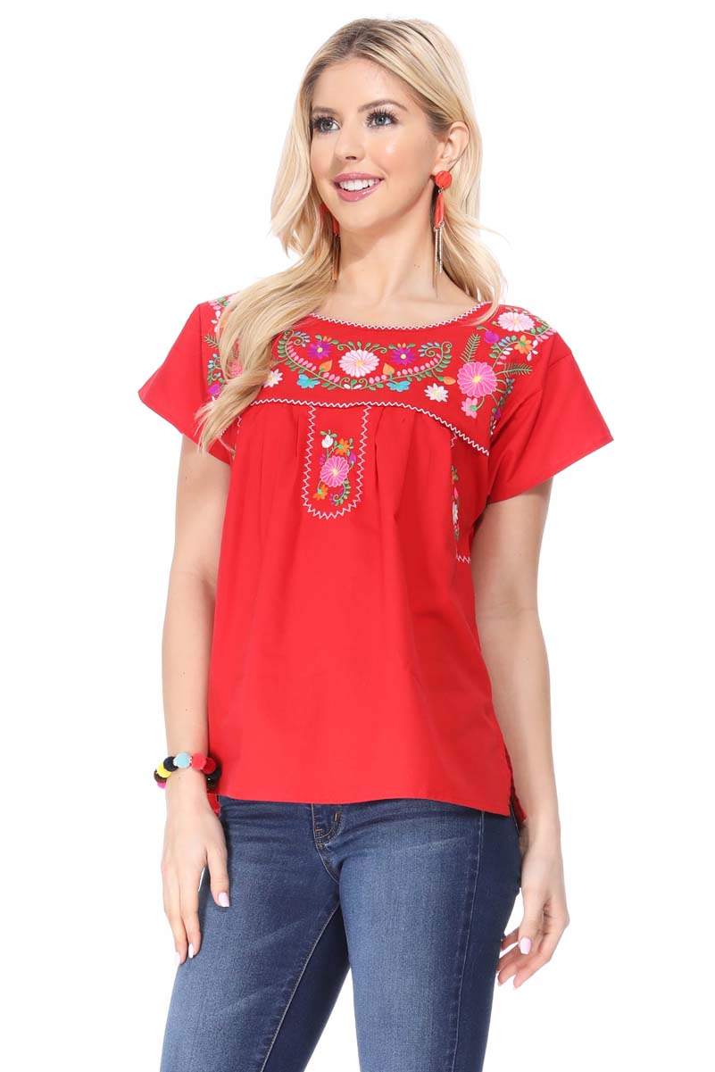 Women Traditional Puebla Mexican Embroidered Blouse Turquoise MT801