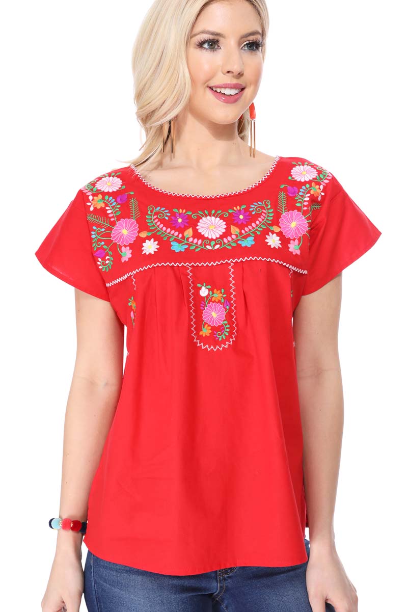 Women Traditional Puebla Mexican Embroidered Blouse Red MT801