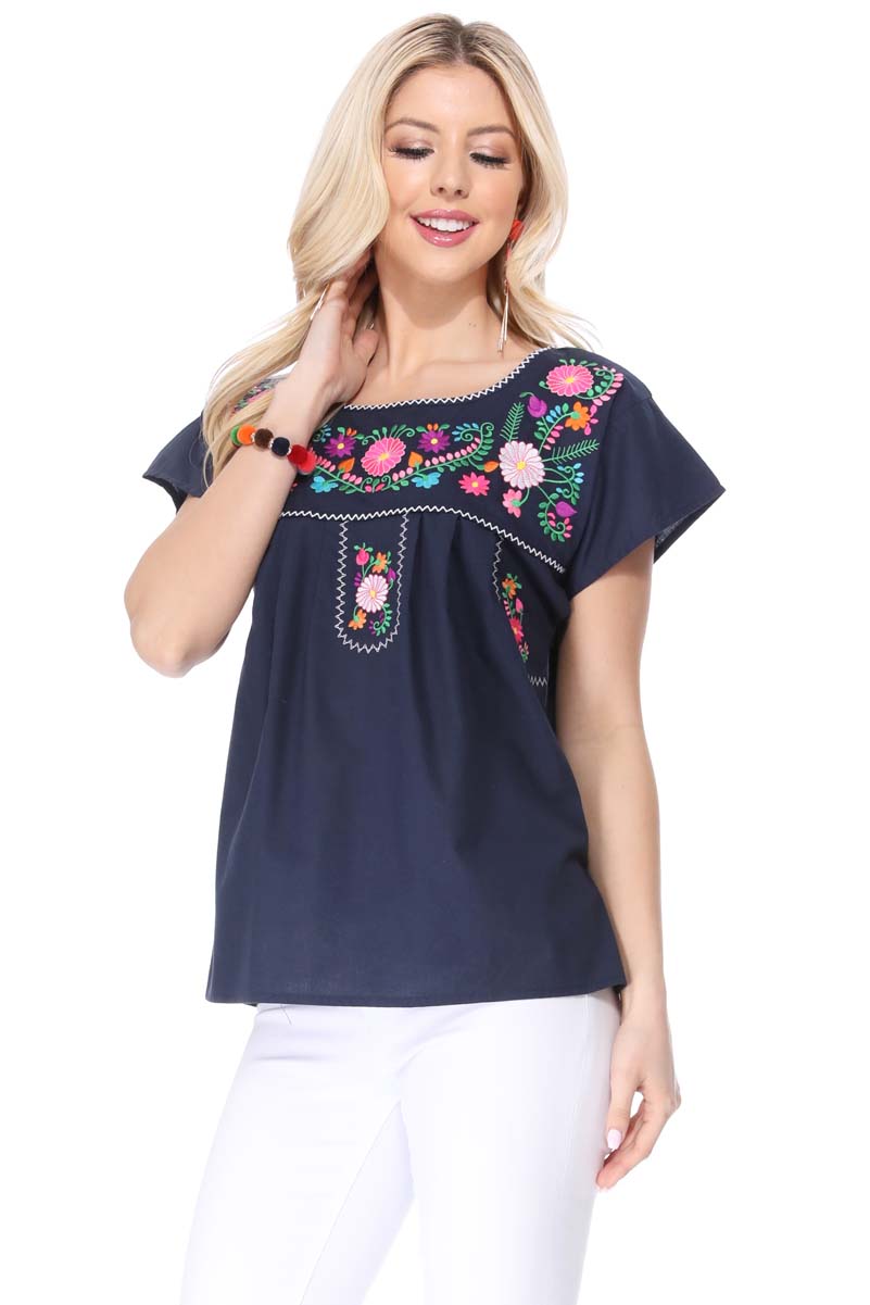 Women Traditional Puebla Mexican Embroidered Blouse Red MT801