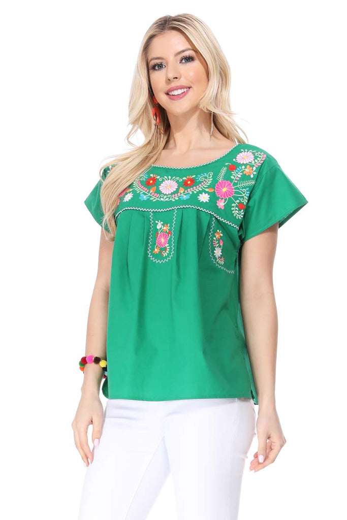 Women Traditional Puebla Mexican Embroidered Blouse Green MT801