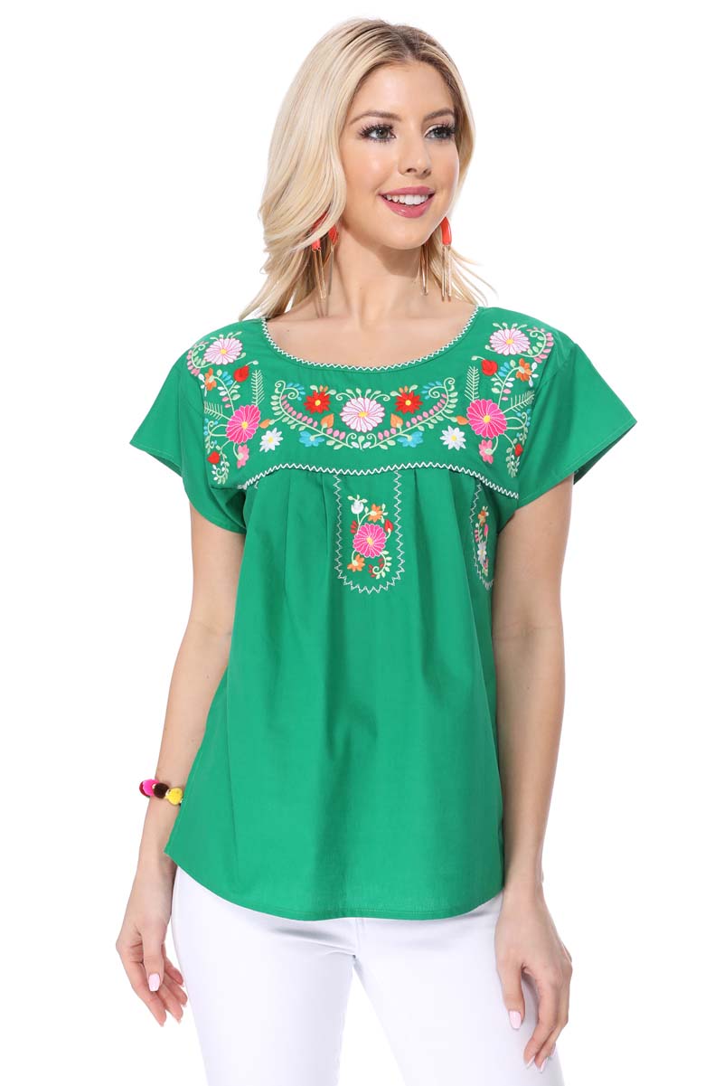 Women Traditional Puebla Mexican Embroidered Blouse Turquoise MT801