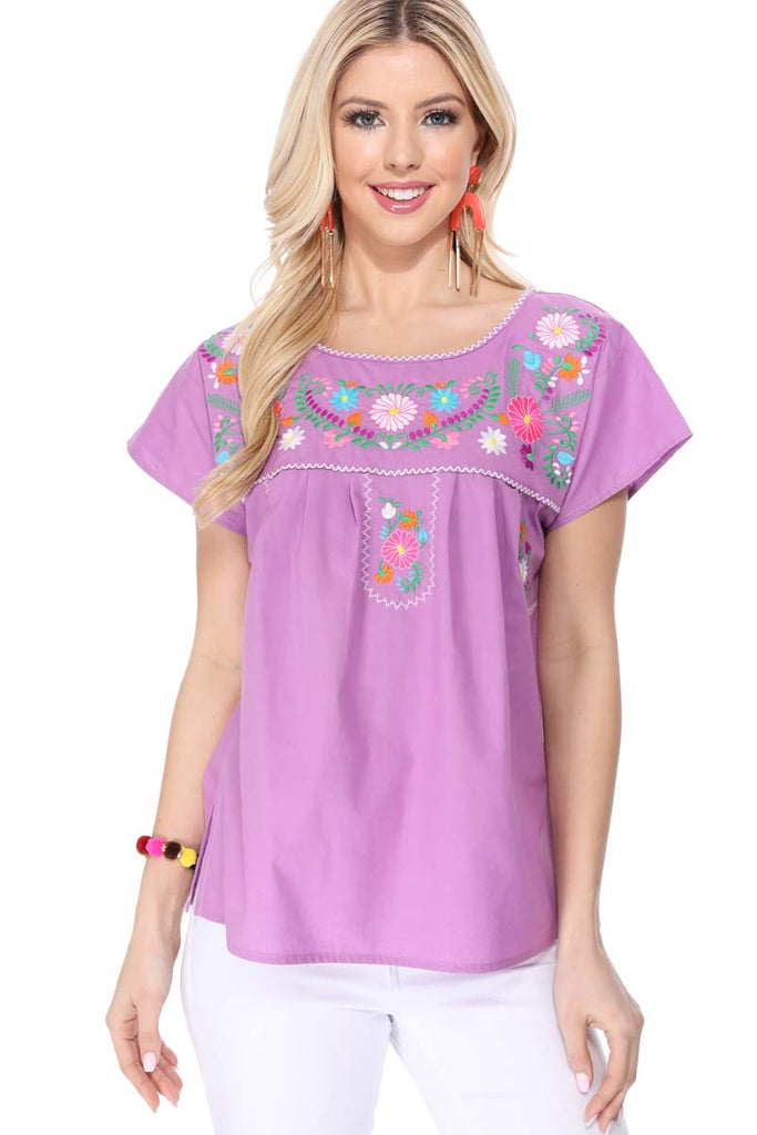 Women Traditional Puebla Mexican Embroidered Blouse Lilac MT801