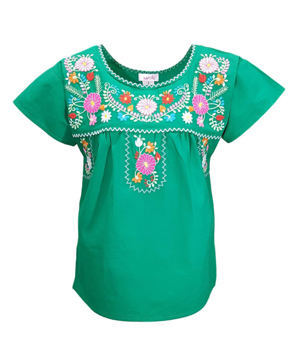 Traditional Puebla Mexican Youth Girl Embroidered Blouse White MT800