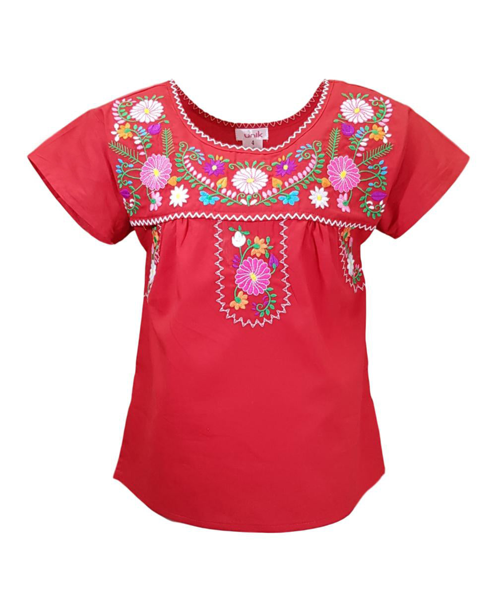 Traditional Puebla Mexican Youth Girl Embroidered Blouse Turquoise MT800