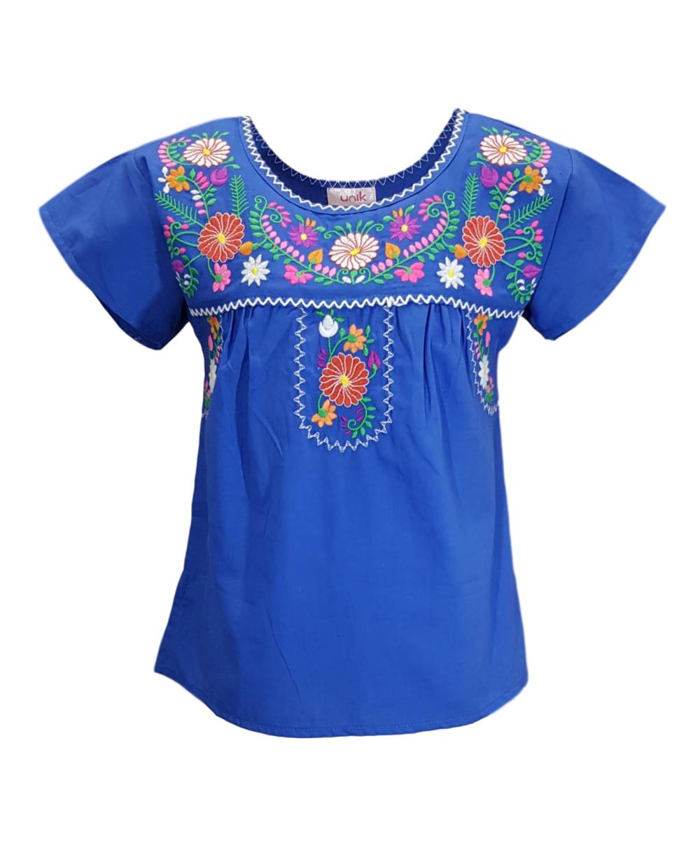 Traditional Puebla Mexican Youth Girl Embroidered Blouse Turquoise MT800