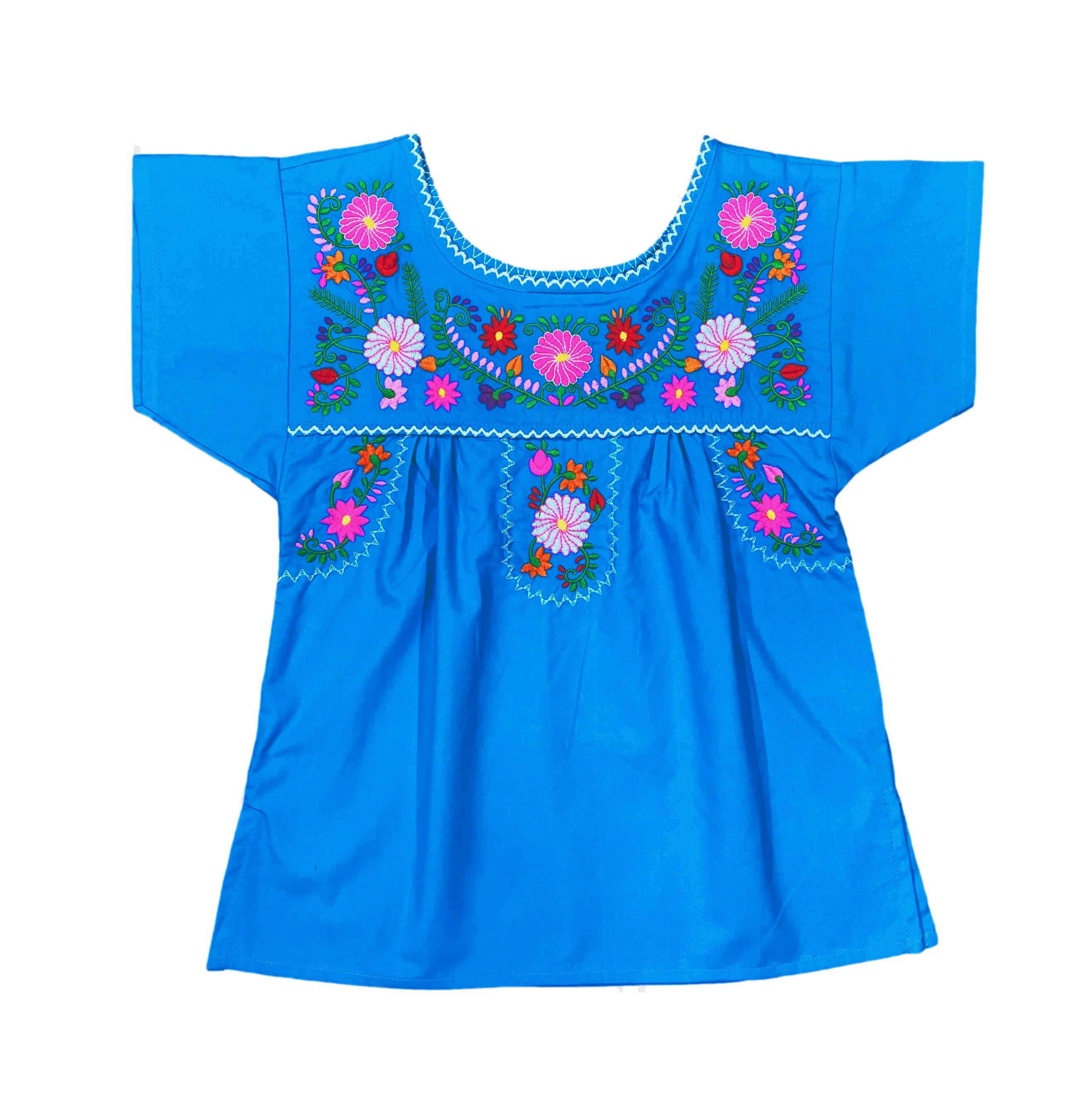 Traditional Puebla Mexican Youth Girl Embroidered Blouse Turquoise MT800