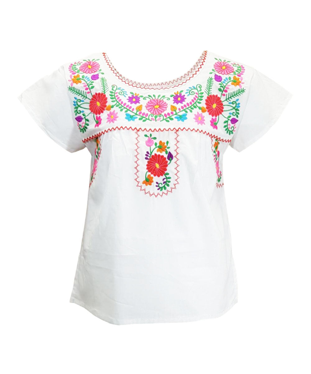 Traditional Puebla Mexican Youth Girl Embroidered Blouse White MT800
