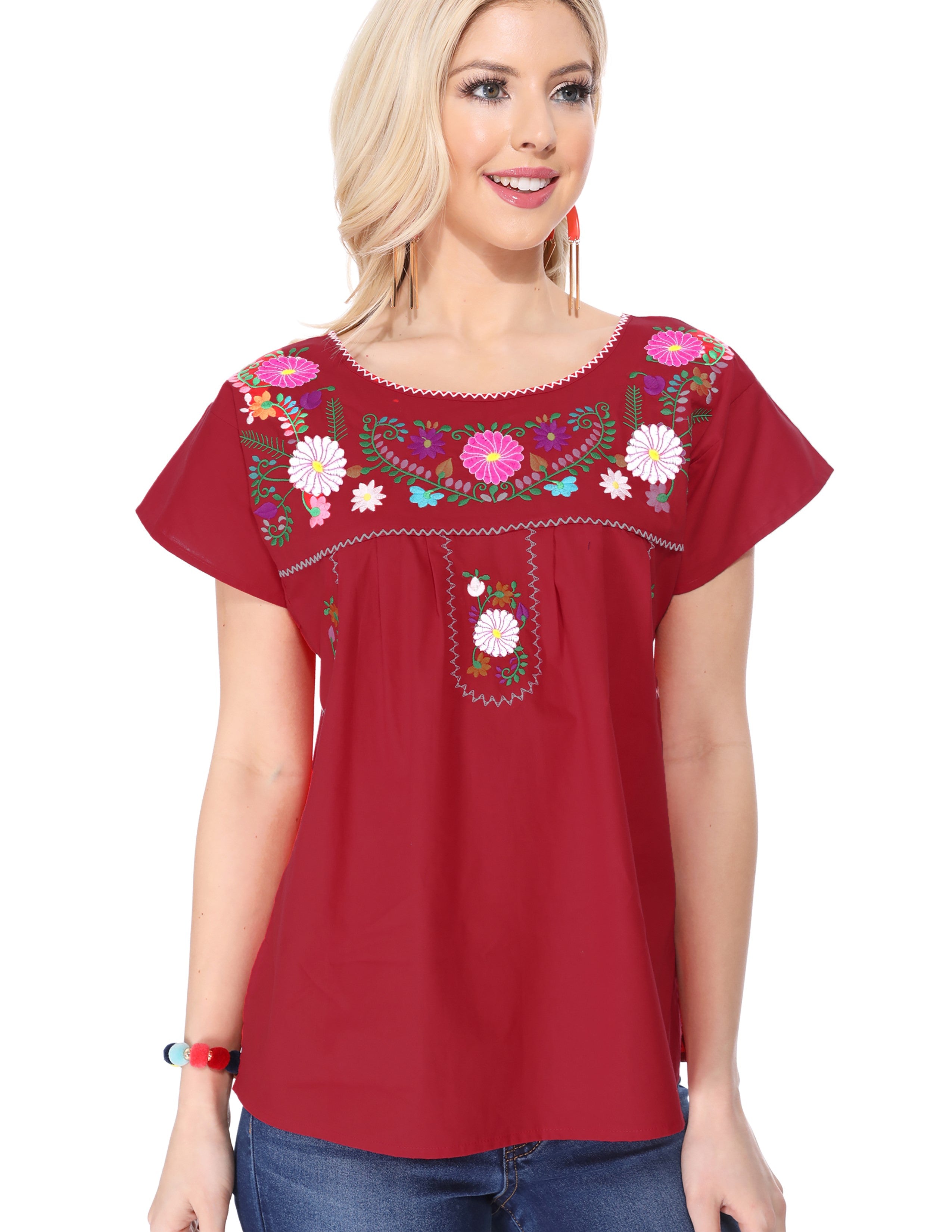 Women Traditional Puebla Mexican Embroidered Blouse Turquoise MT801