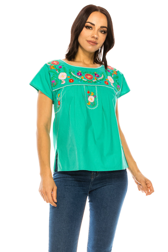 Women Traditional Puebla Mexican Embroidered Blouse Mint MT801