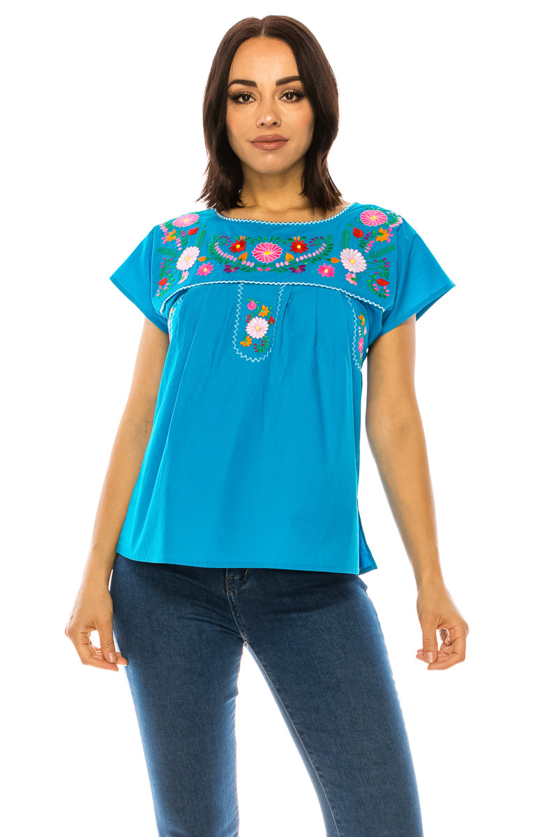 Women Traditional Puebla Mexican Embroidered Blouse Turquoise MT801