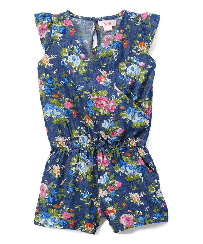 unikinc - Girl Denim Romper with Flowers - Unikinc