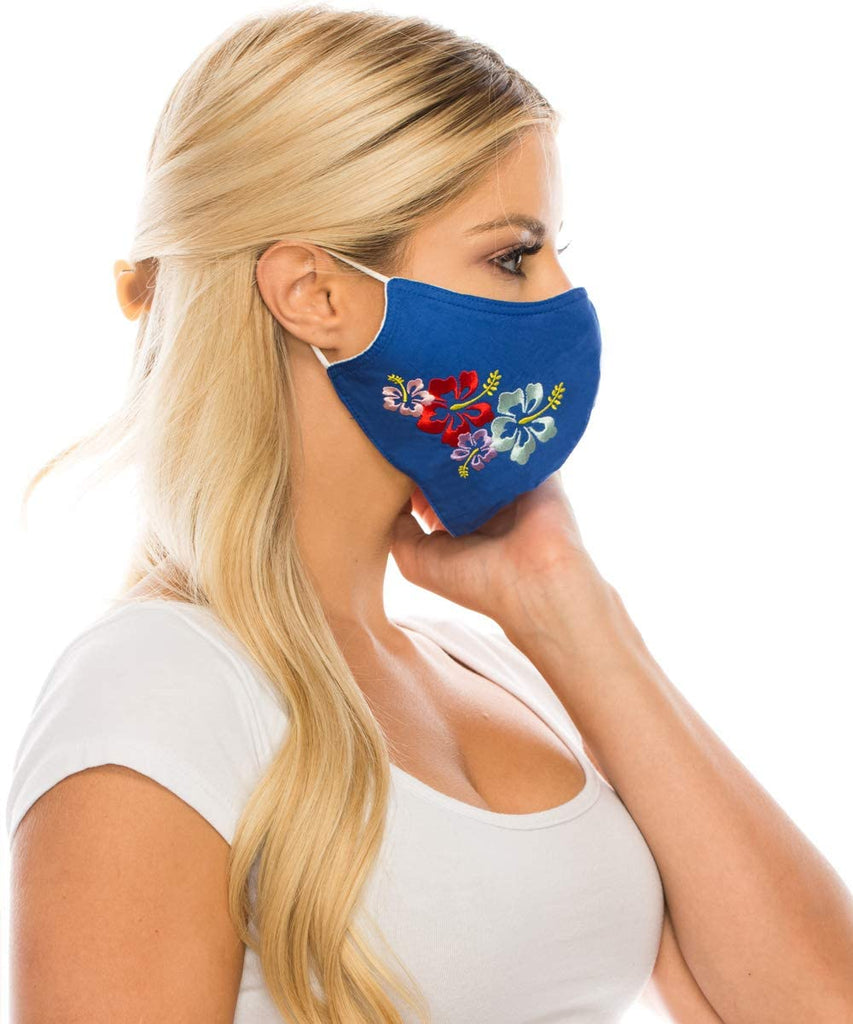 Embroidered Face Mask, Royal Blue  Cotton Blend, 2 layers W/Pocket for a filter, Washable, Reusable Mask, LARGER SIZING