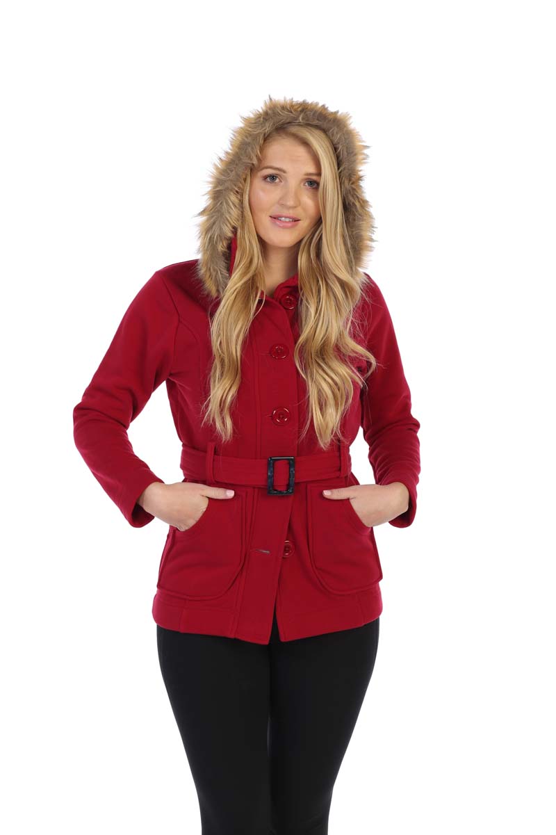 Unik's Women Fleece Coat with Fur Hood and Detachable Belt Honey WJ16511