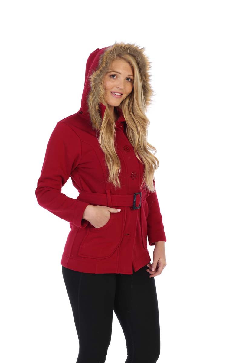 Unik's Women Fleece Coat with Fur Hood and Detachable Belt Honey WJ16511