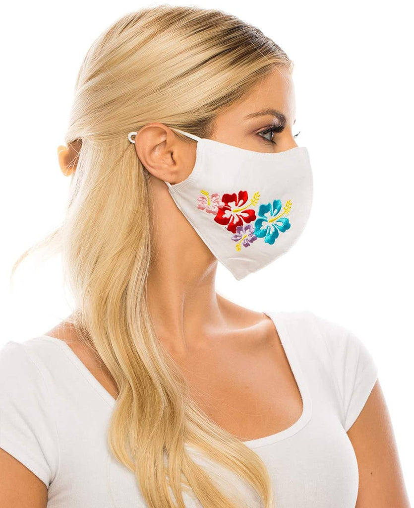 Embroidered Face Mask, WHITE  Cotton Blend, 2 layers W/Pocket for a filter, Washable, Reusable Mask, LARGER SIZING