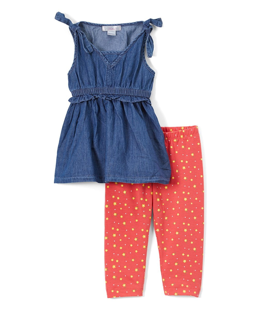 unikinc - Denim Blouse With Printed Leggings - Unik Inc