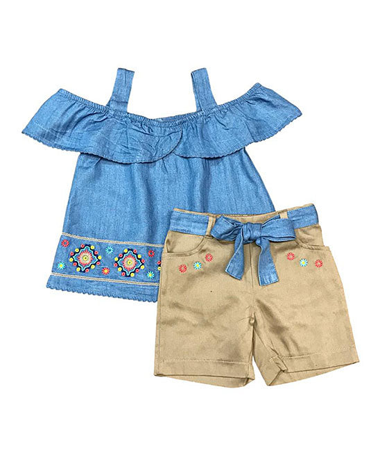 Girl Denim Embroidered Short Sets 2-8